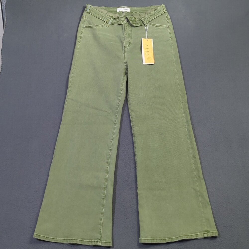 Risen Jeans Women's 32 Olive Green High Rise Faux Fold Over Straight NWT